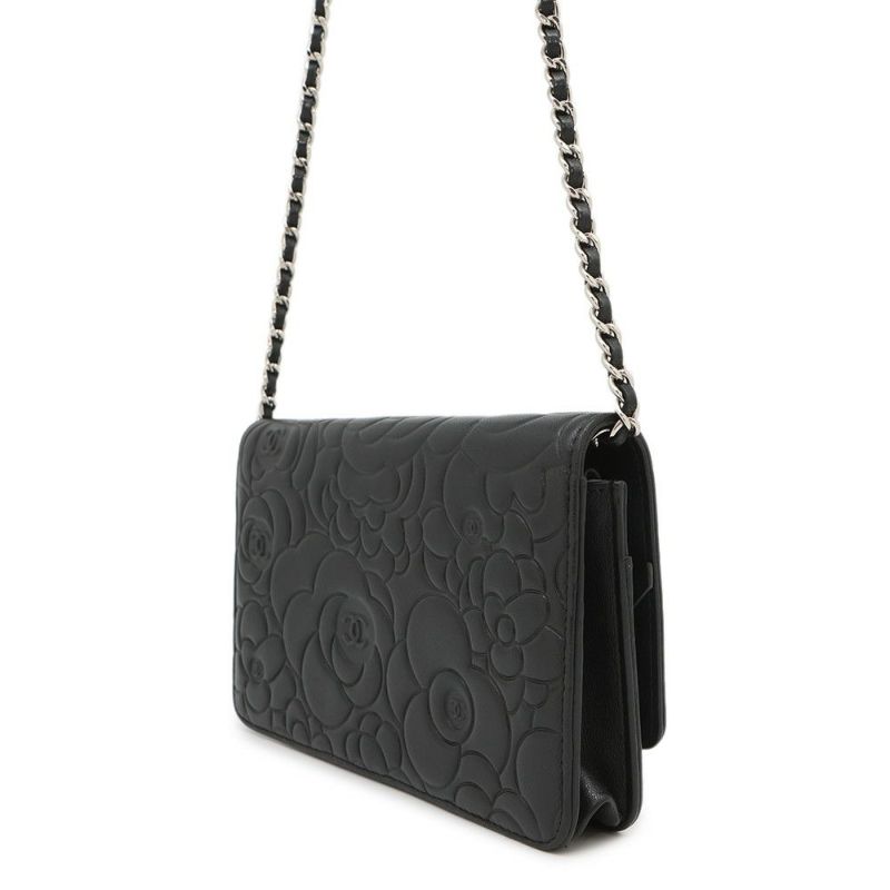 シャネル チェーンウォレット カメリア ココマーク ラムスキン A47421 CHANEL 財布 黒