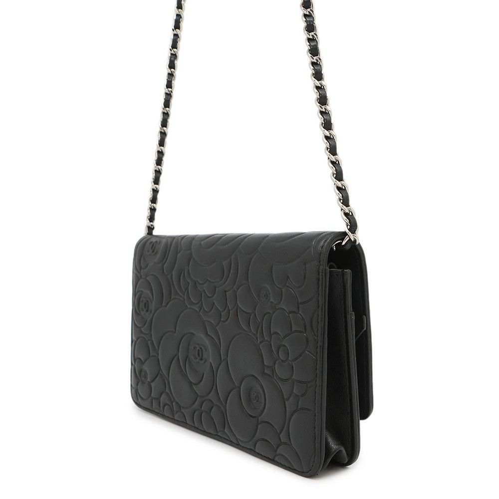 シャネル チェーンウォレット カメリア ココマーク ラムスキン A47421 CHANEL 財布 黒