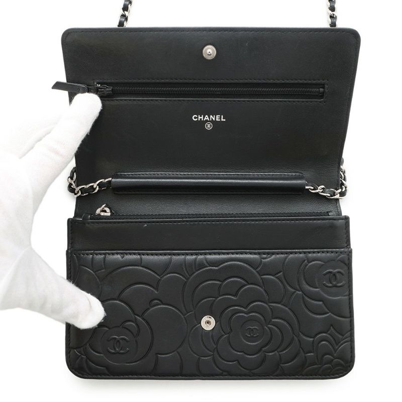 シャネル チェーンウォレット カメリア ココマーク ラムスキン A47421 CHANEL 財布 黒