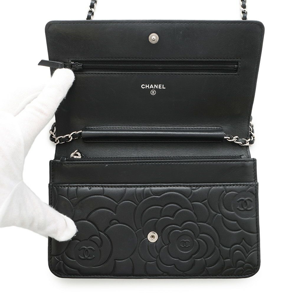 シャネル チェーンウォレット カメリア ココマーク ラムスキン A47421 CHANEL 財布 黒