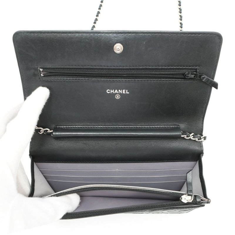 シャネル チェーンウォレット カメリア ココマーク ラムスキン A47421 CHANEL 財布 黒