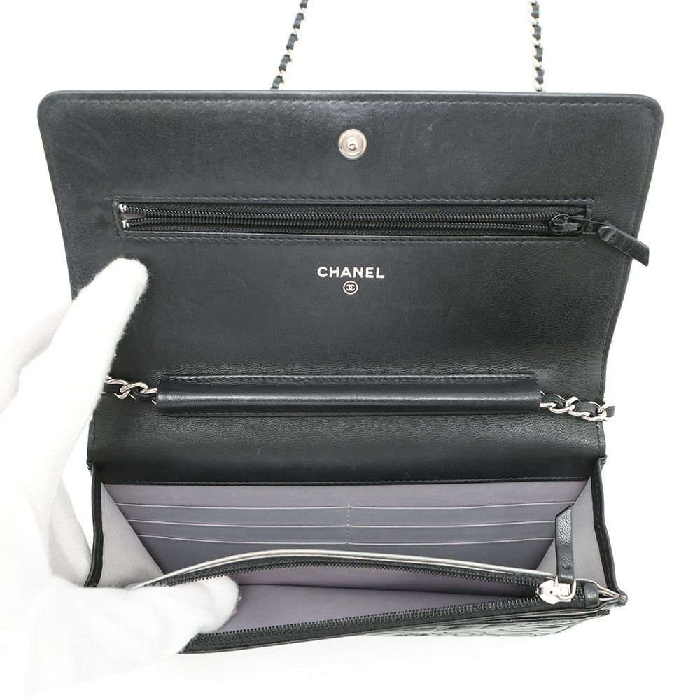 シャネル チェーンウォレット カメリア ココマーク ラムスキン A47421 CHANEL 財布 黒