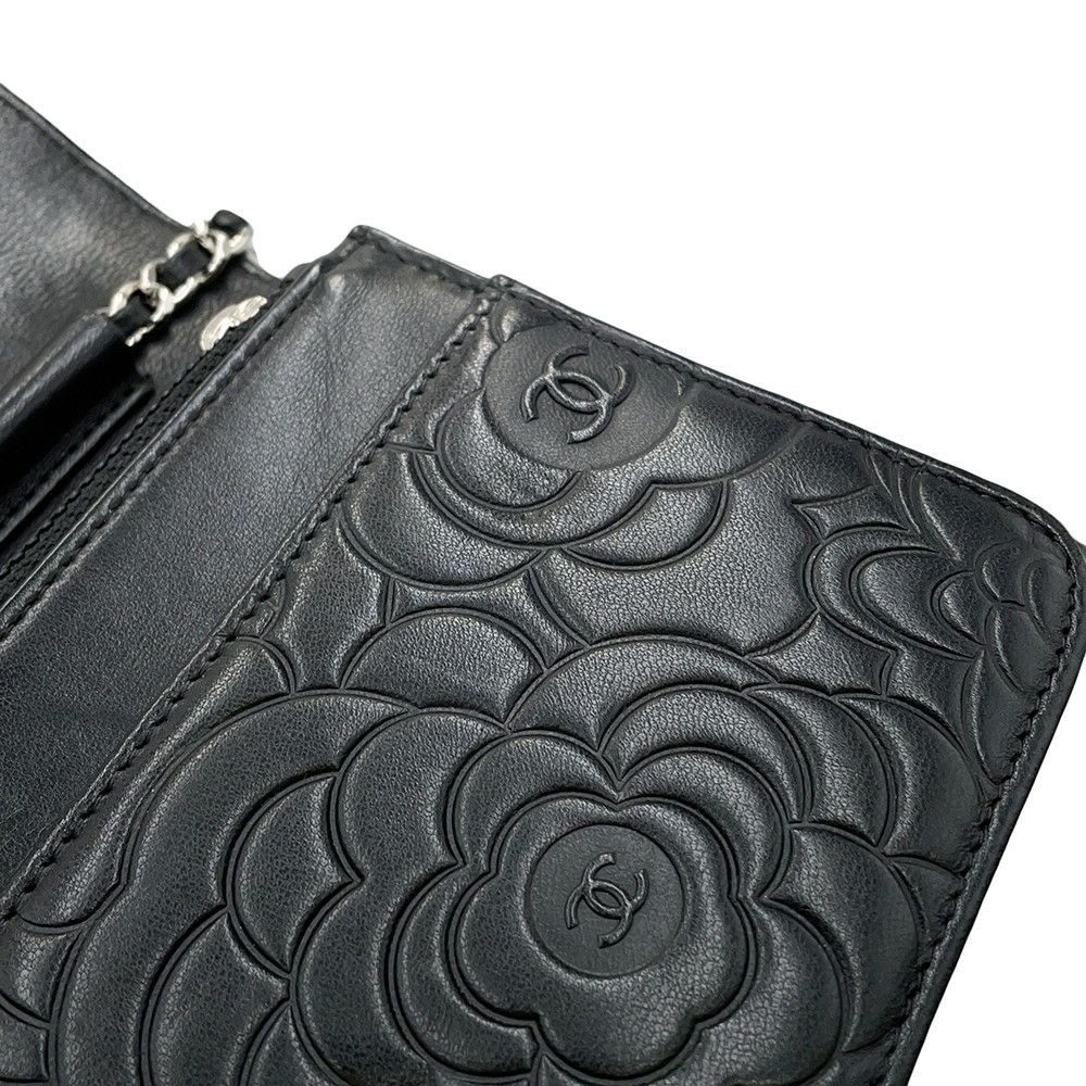 シャネル チェーンウォレット カメリア ココマーク ラムスキン A47421 CHANEL 財布 黒