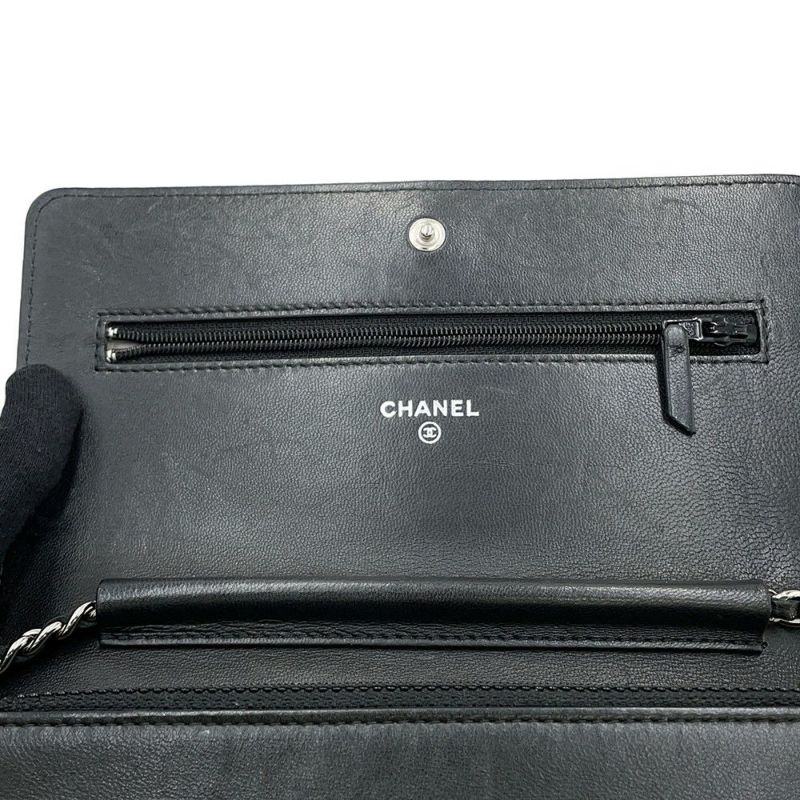 シャネル チェーンウォレット カメリア ココマーク ラムスキン A47421 CHANEL 財布 黒