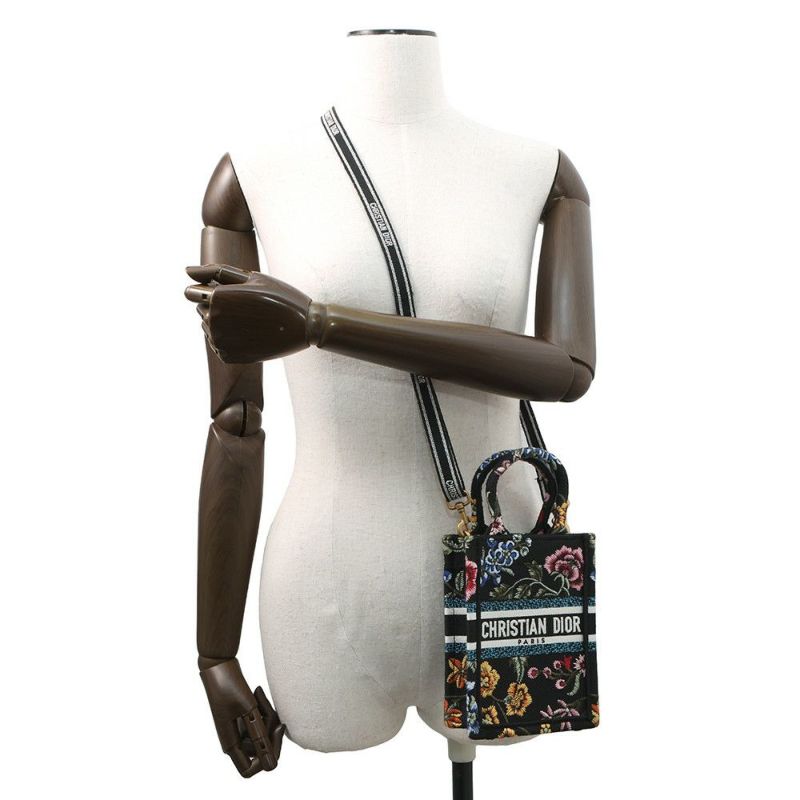 クリスチャン・ディオール ハンドバッグ ブックトートミニ フラワー バーティカル キャンバス Christian Dior 2wayショルダー 黒
