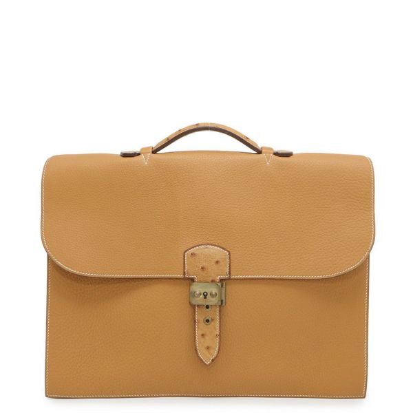 エルメス ブリーフケース サック・ア・デペッシュ38 サフラン/ゴールド金具 アルデンヌ/オーストリッチ 〇O刻印 メンズ