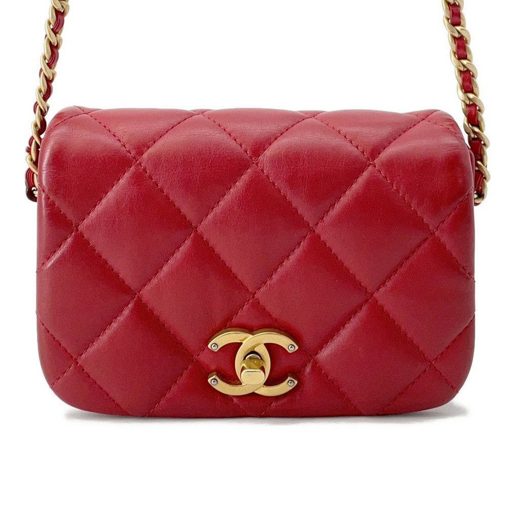 シャネル チェーンショルダーバッグ マトラッセ ココマーク ラムスキン CHANEL バッグ 赤