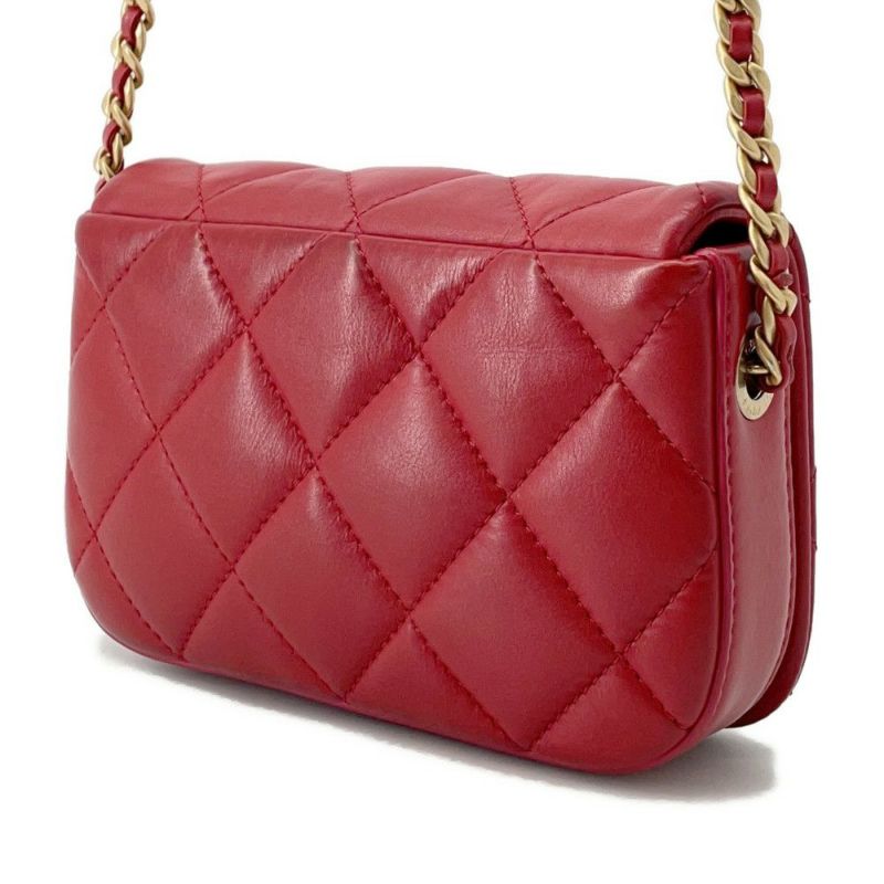 シャネル チェーンショルダーバッグ マトラッセ ココマーク ラムスキン CHANEL バッグ 赤