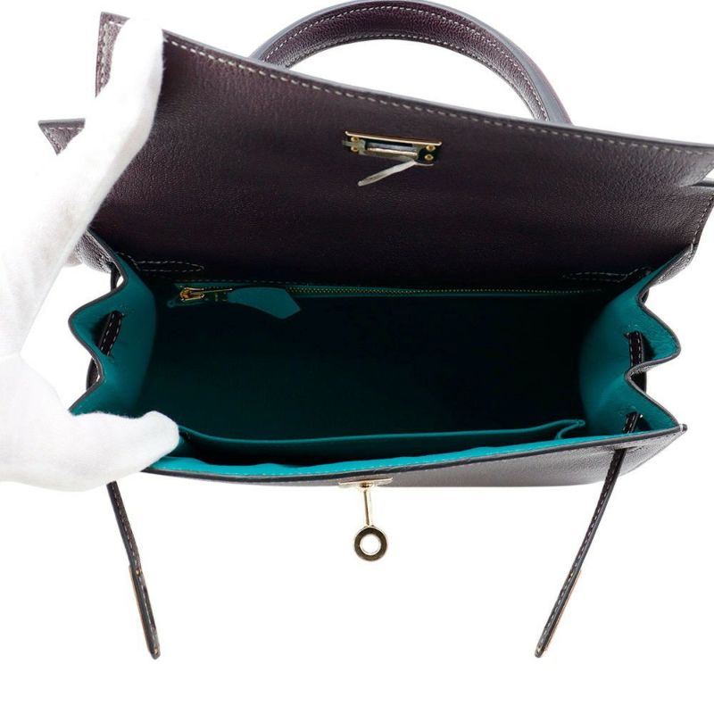 エルメス ハンドバッグ ケリー25 外縫い レザン/ブルーパオン/シャンパンゴールド金具 シェーブルコロマンデル D刻印 SPO