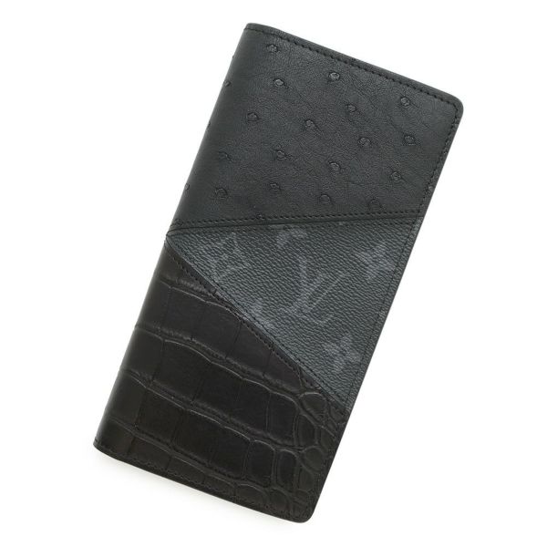 ルイヴィトン 長財布 モノグラム・エクリプス/オーストリッチ/クロコダイル ポルトフォイユ・ブラザ N96277 メンズ ブラック 黒