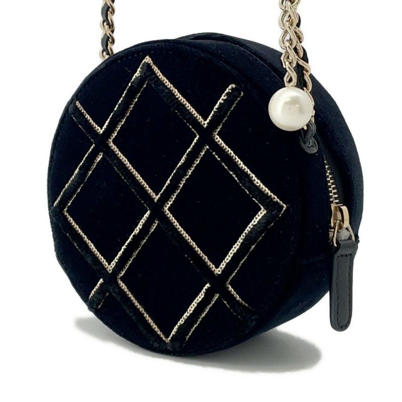 シャネル チェーンショルダーバッグ マトラッセ ココマーク ラウンド フェイクパール ベロア CHANEL 黒