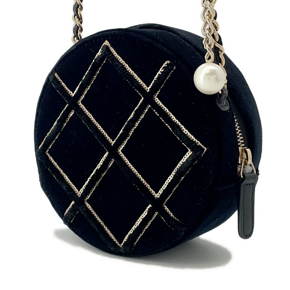シャネル チェーンショルダーバッグ マトラッセ ココマーク ラウンド フェイクパール ベロア CHANEL 黒