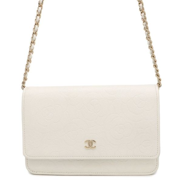 シャネル チェーンウォレット カメリア エンボス ココマーク キャビアスキン A47421 CHANEL 財布 白