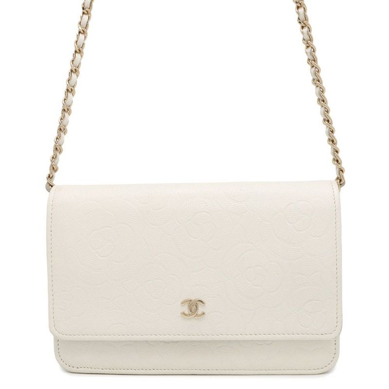 シャネル チェーンウォレット カメリア エンボス ココマーク キャビアスキン A47421 CHANEL 財布 白