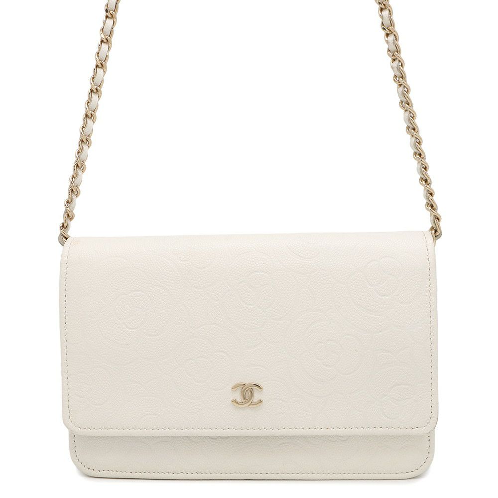 シャネル チェーンウォレット カメリア エンボス ココマーク キャビアスキン A47421 CHANEL 財布 白