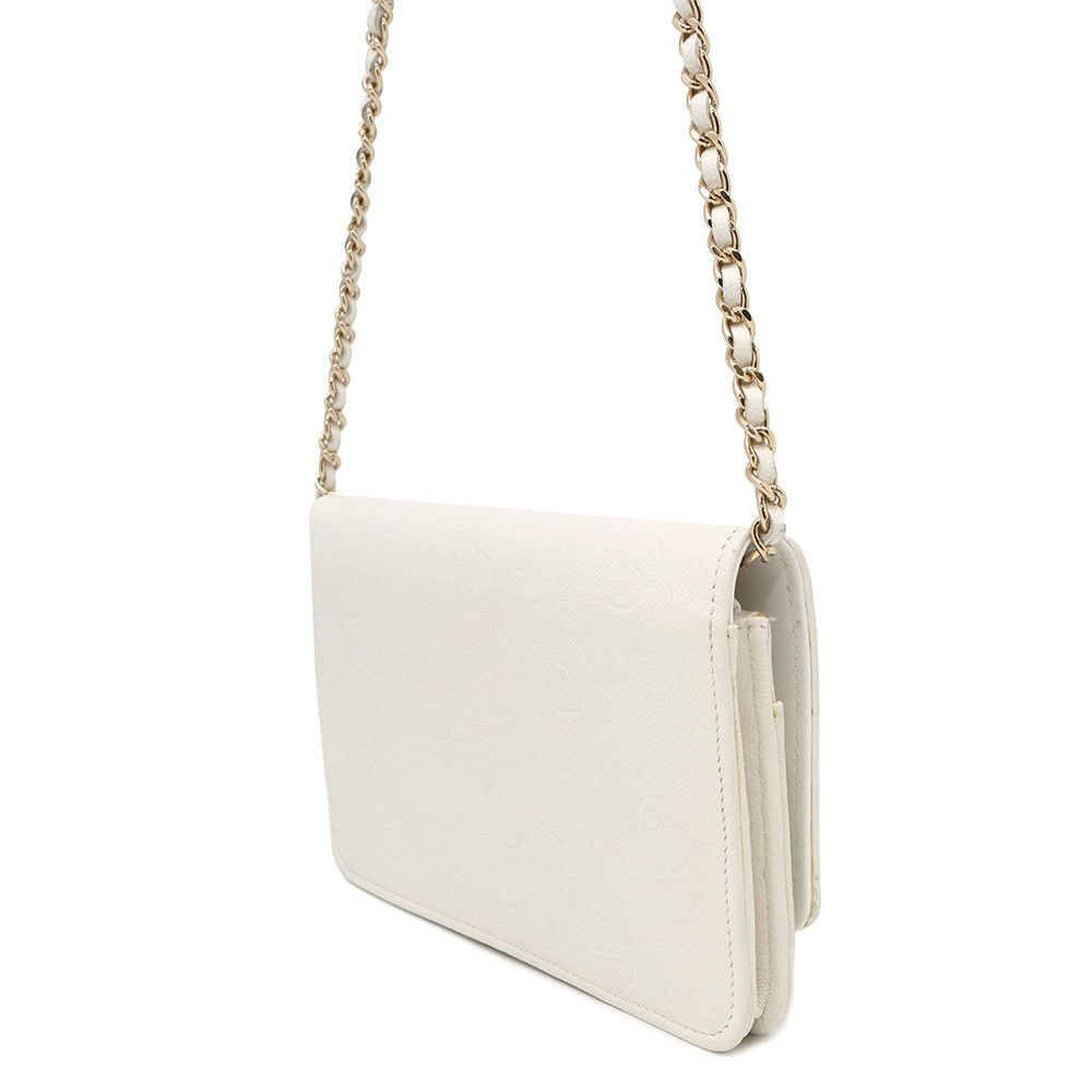 シャネル チェーンウォレット カメリア エンボス ココマーク キャビアスキン A47421 CHANEL 財布 白