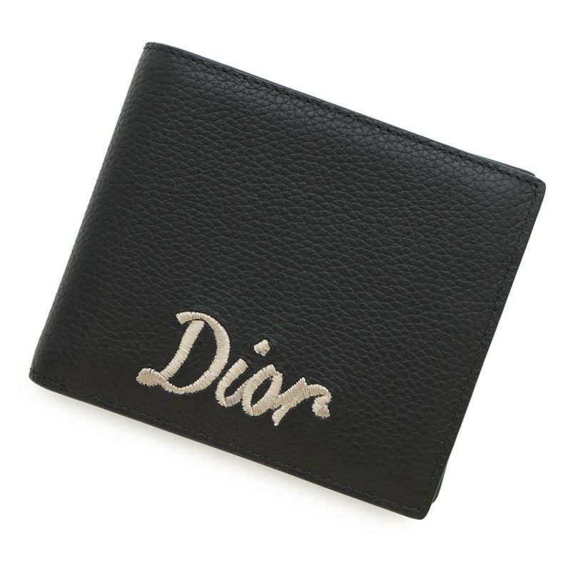クリスチャン・ディオール 二つ折り財布 刺繍ロゴ レザー Christian Dior 黒 セール品