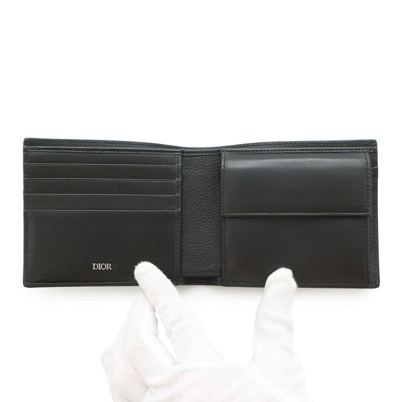 クリスチャン・ディオール 二つ折り財布 刺繍ロゴ レザー Christian Dior 黒 セール品