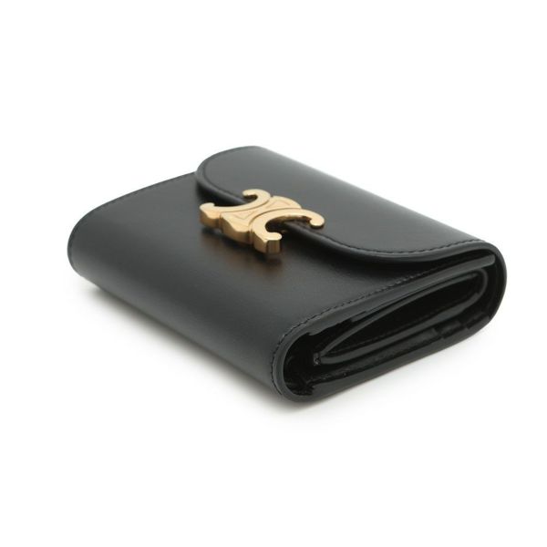 【未使用級】CELINE セリーヌ　トリオンフ　スモールフラップウォレット　黒 セリーヌ トリオンフ スモールフラップウォレット レザー 財布
