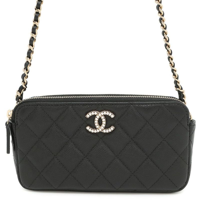 シャネル チェーンウォレット ココマーク マトラッセ キャビアスキン ラインストーン AP4627 CHANEL ポシェット 財布 黒