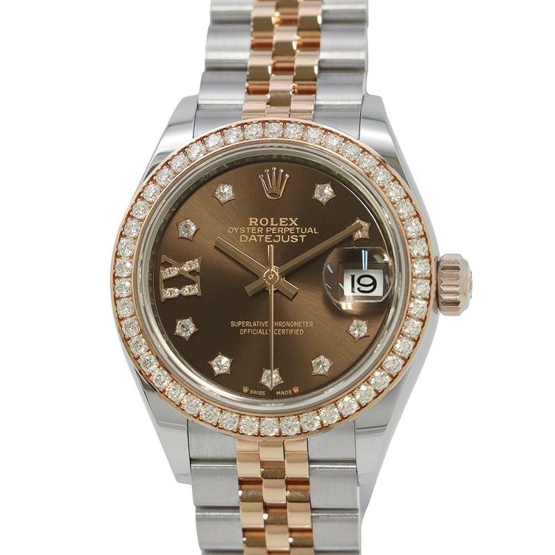 ロレックス レディ デイトジャスト SS/K18PG ダイヤベゼル 279381RBR チョコレート文字盤 9Pスターダイヤ IXダイヤ
