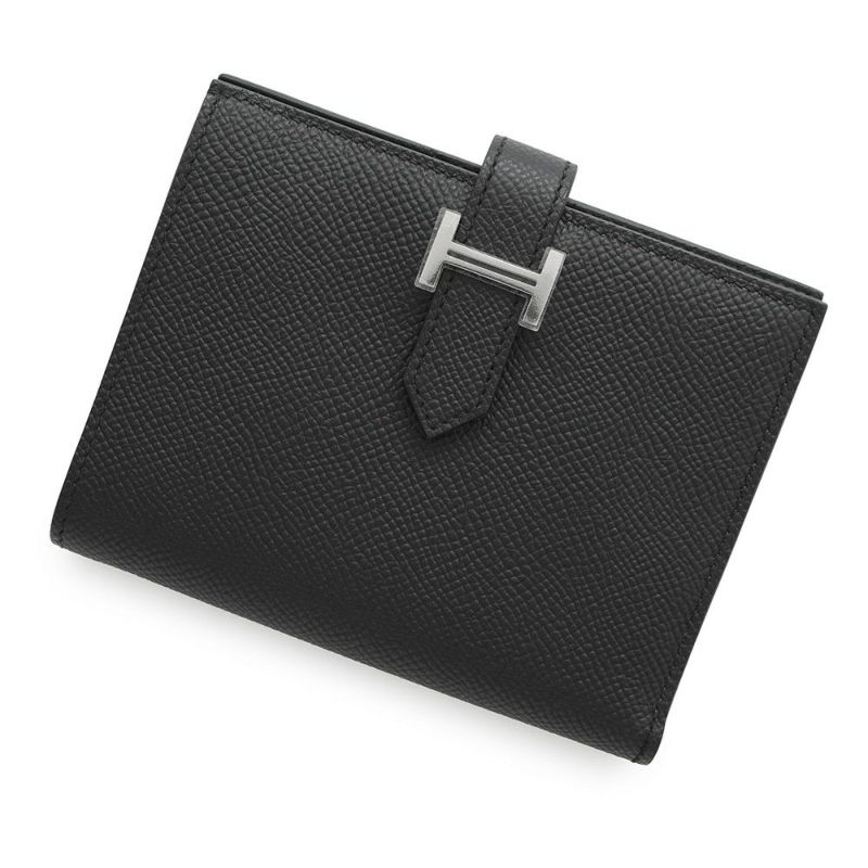 エルメス 二つ折り財布 ベアンコンパクト ブラック/シルバー金具 ヴォーマダム K刻印 黒