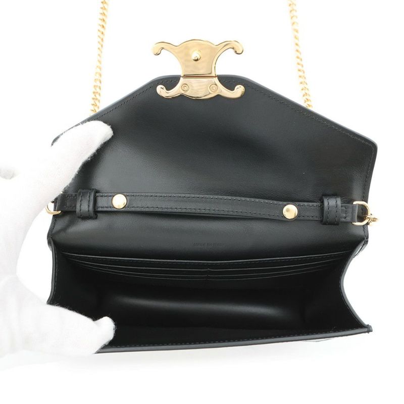 セリーヌ チェーンウォレット マーゴ シャイニーカーフレザー 10L033 CELINE 長財布 黒