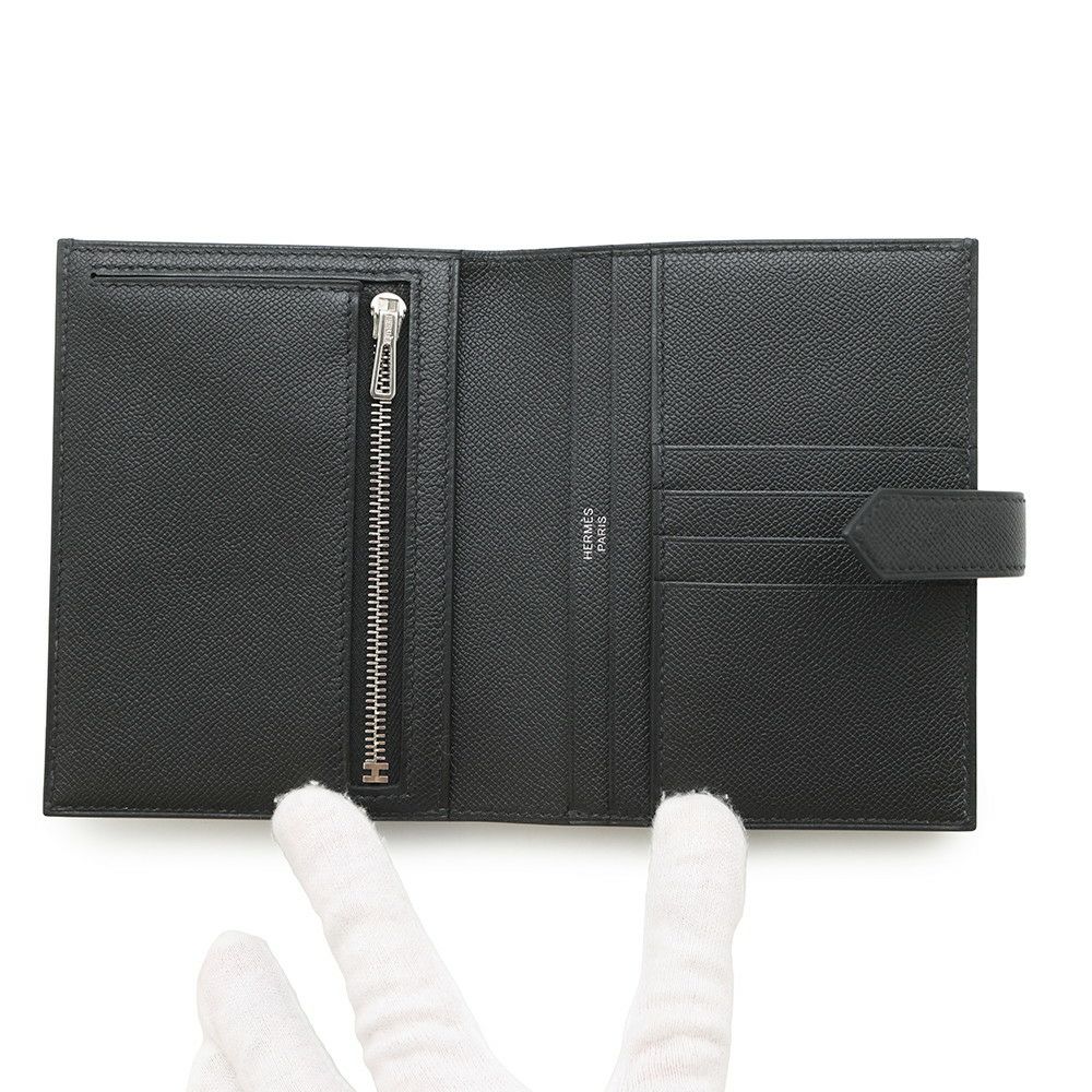 エルメス 二つ折り財布 ベアンコンパクト ブラック/シルバー金具 ヴォーマダム W刻印 黒