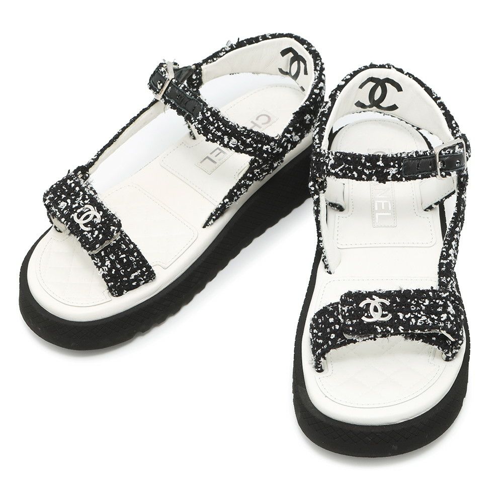 シャネル サンダル ココマーク マトラッセ ツイード レザー レディースサイズ38C G38880 CHANEL 靴 黒 白
