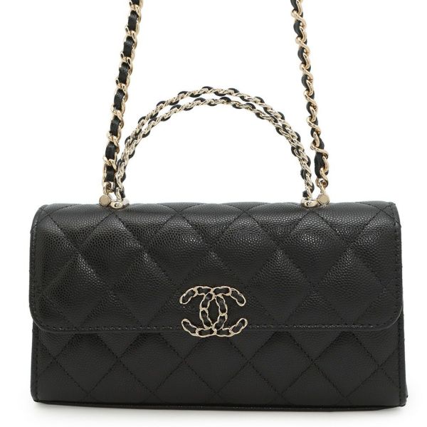 シャネル チェーンショルダーバッグ トップハンドル フォンケース マトラッセ ココマーク キャビアスキン AP3238 CHANEL 黒