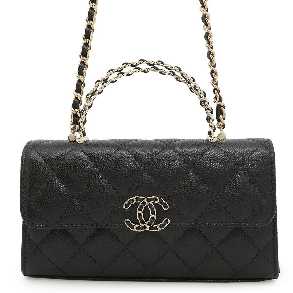 シャネル チェーンショルダーバッグ トップハンドル フォンケース マトラッセ ココマーク キャビアスキン AP3238 CHANEL 黒