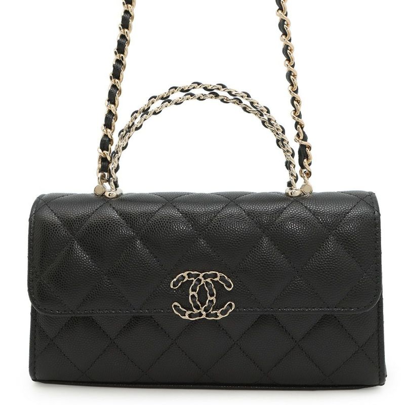 シャネル チェーンショルダーバッグ トップハンドル フォンケース マトラッセ ココマーク キャビアスキン AP3238 CHANEL 黒