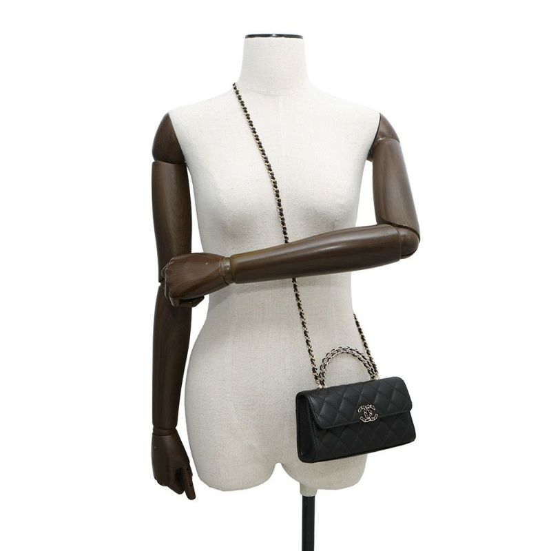 シャネル チェーンショルダーバッグ トップハンドル フォンケース マトラッセ ココマーク キャビアスキン AP3238 CHANEL 黒