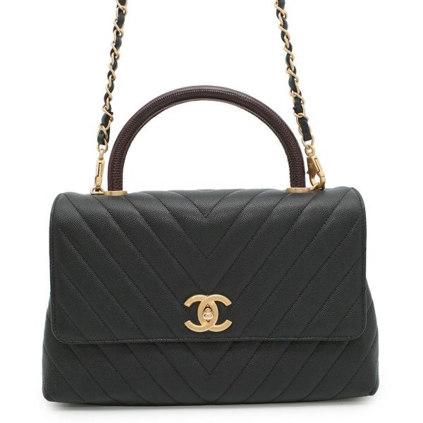 シャネル ハンドバッグ シェブロン ココマーク ハンドル フラップ キャビアスキン リザード A92991 2way 黒 Vステッチ