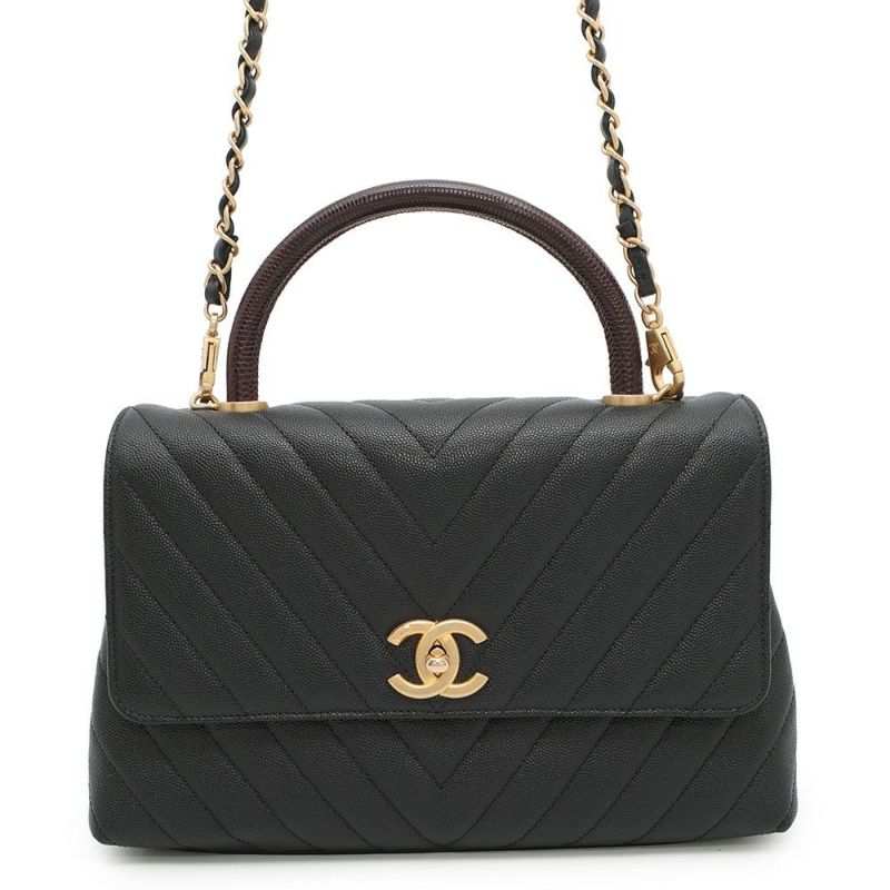シャネル ハンドバッグ シェブロン ココマーク ハンドル フラップ キャビアスキン リザード A92991 2way 黒 Vステッチ