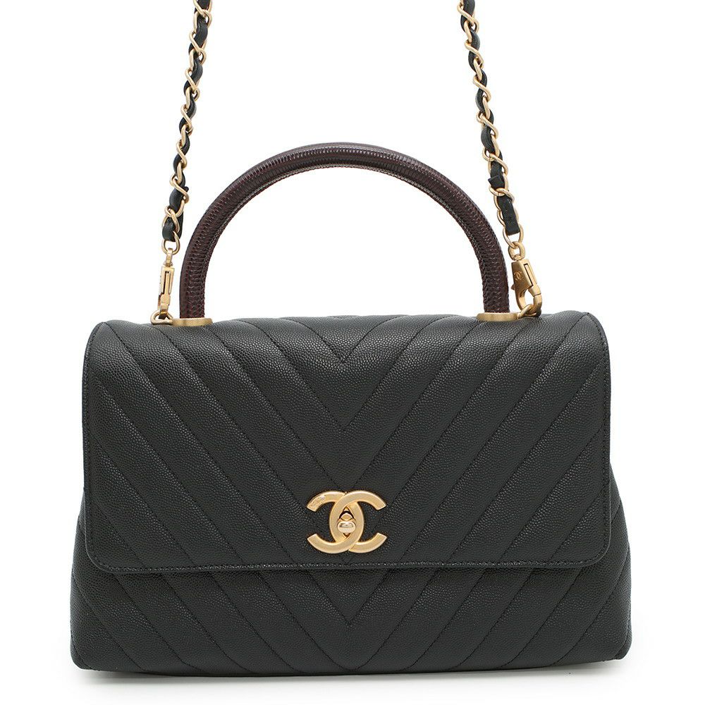 シャネル ハンドバッグ シェブロン ココマーク ハンドル フラップ キャビアスキン リザード A92991 2way 黒 Vステッチ