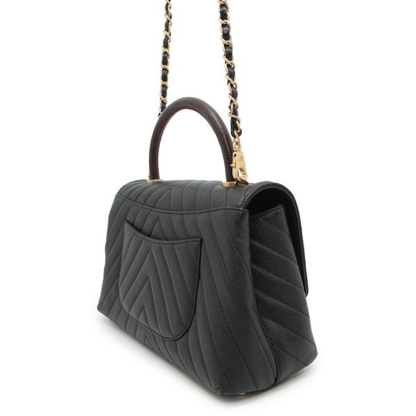 シャネル ハンドバッグ シェブロン ココマーク ハンドル フラップ キャビアスキン リザード A92991 2way 黒 Vステッチ