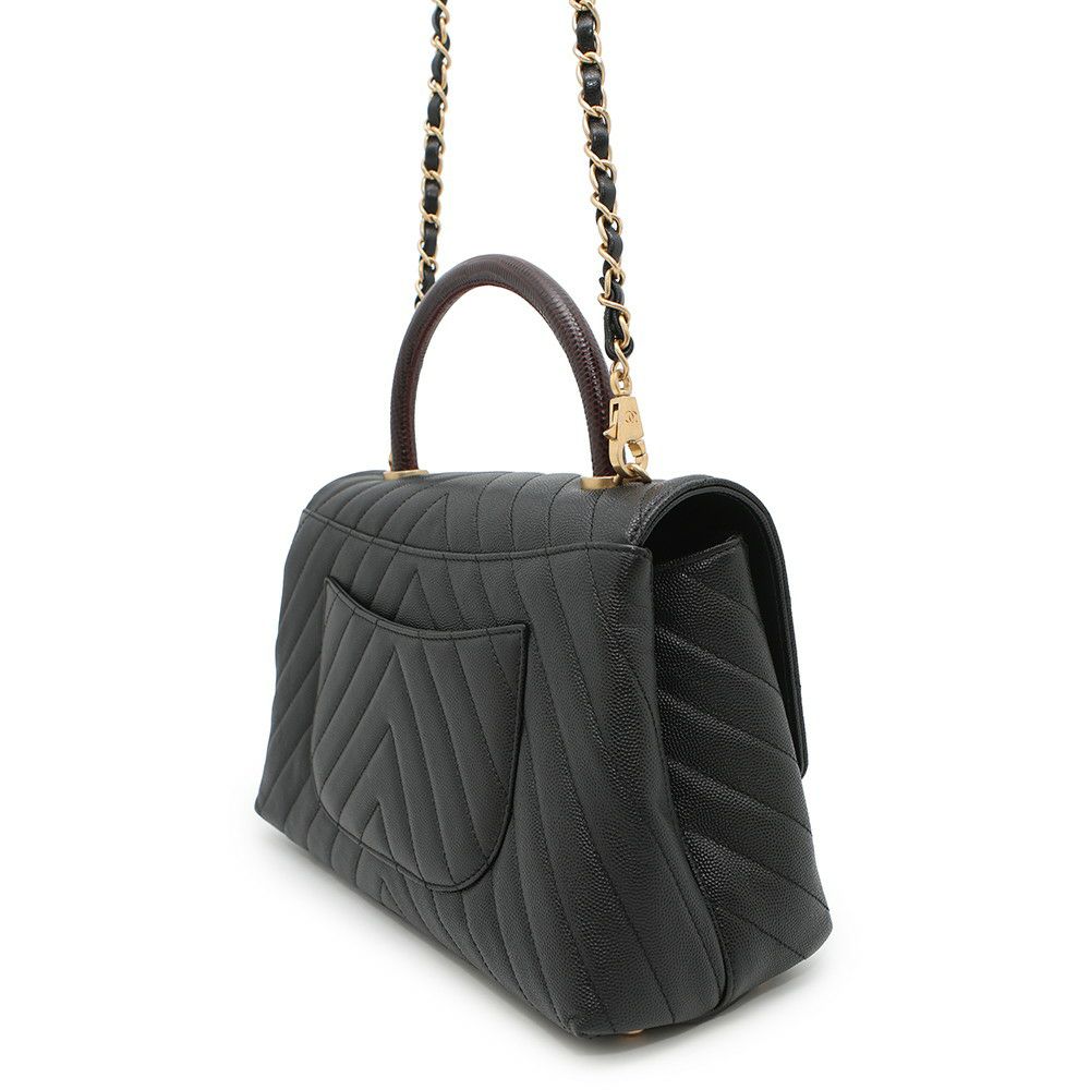 シャネル ハンドバッグ シェブロン ココマーク ハンドル フラップ キャビアスキン リザード A92991 2way 黒 Vステッチ