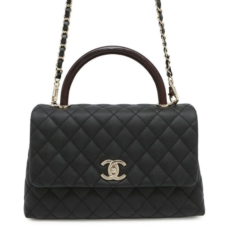 シャネル ハンドバッグ マトラッセ ココマーク ハンドル フラップ キャビアスキン リザード A92991 2way 黒