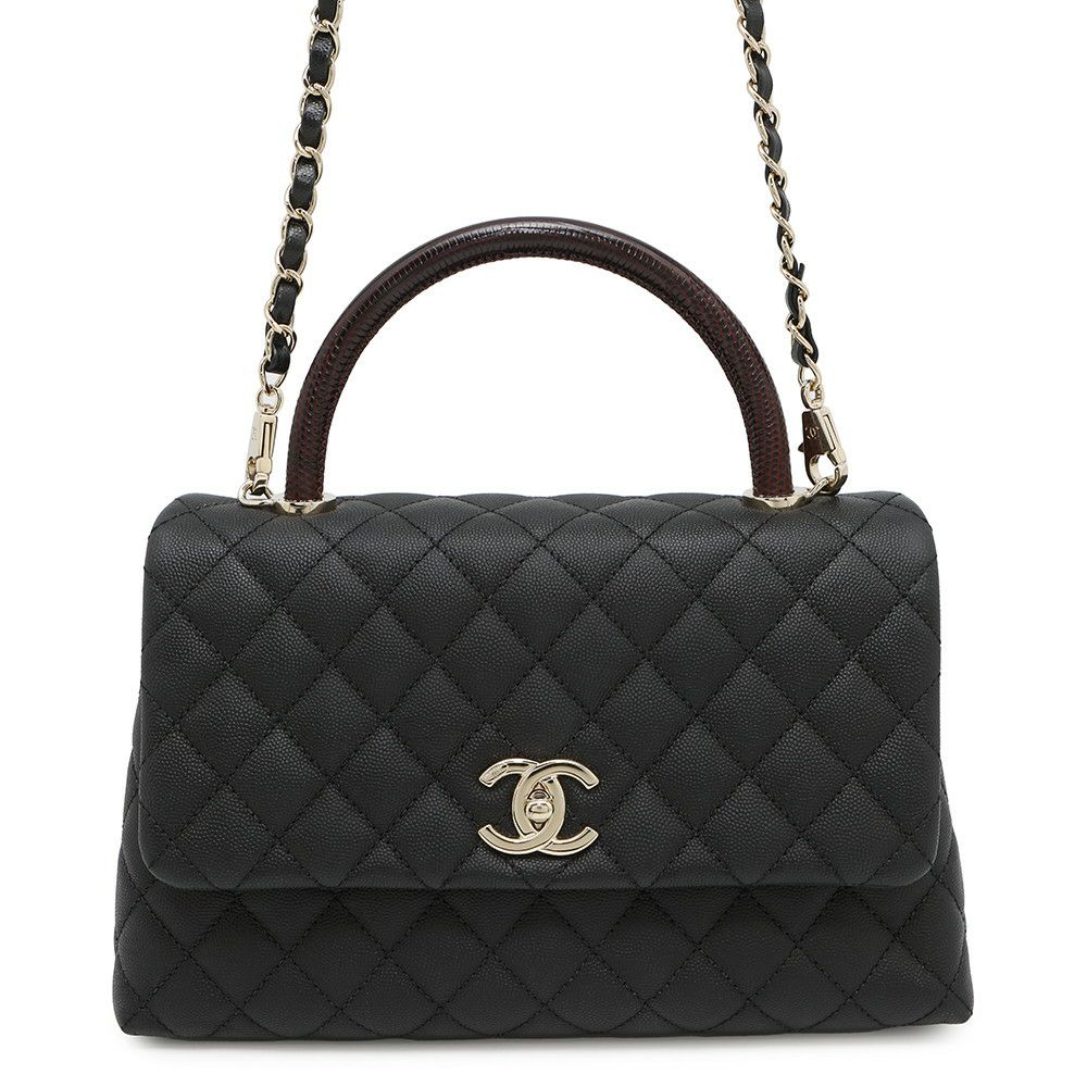 シャネル ハンドバッグ マトラッセ ココマーク ハンドル フラップ キャビアスキン リザード A92991 2way 黒