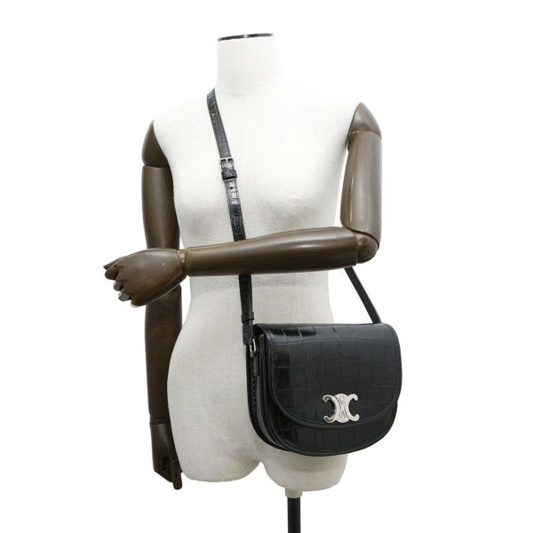 セリーヌ ショルダーバッグ トリオンフ ブザス ミディアム クロコ型押しレザー 114453 CELINE 黒