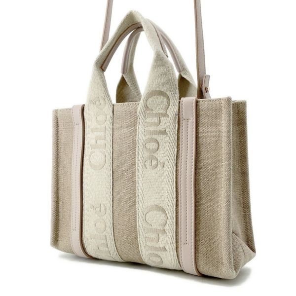Chloéクロエ ウッディスモール ハンドバッグ キャンバストートバッグ Chloé リネン製Woodyスモールトートバッグ の白色