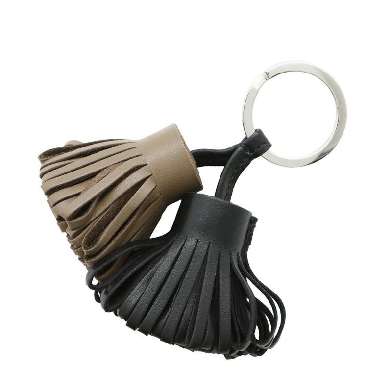 エルメス キーホルダー カルメン ウノドス ブラック/エトゥープ/シルバー金具 ラムスキン HERMES 黒