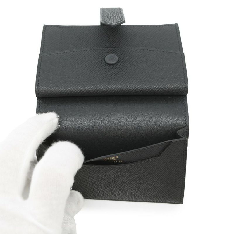 エルメス カードケース ベアン ミニ 小銭入れ付き ブラック/ゴールド金具 エプソン K刻印 HERMES 名刺入れ コインケース 黒