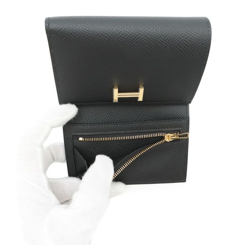 エルメス 三つ折り財布 ベアンコンビネ ブラック/ゴールド金具 エプソン K刻印 HERMES 財布 黒
