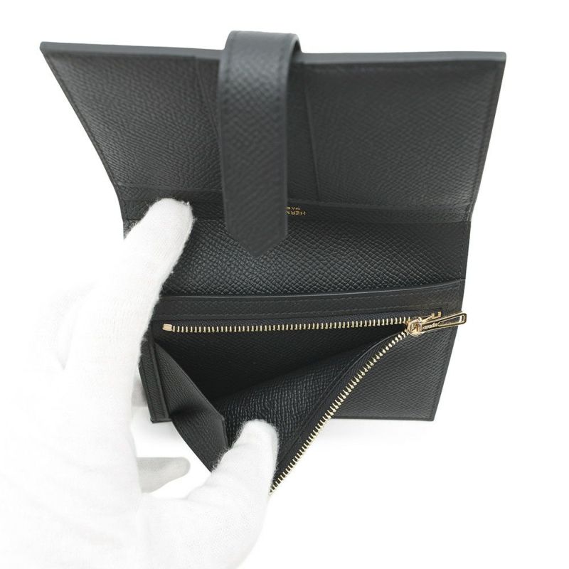 エルメス 二つ折り財布 ベアンコンパクト ブラック/ゴールド金具 エプソン W刻印 黒