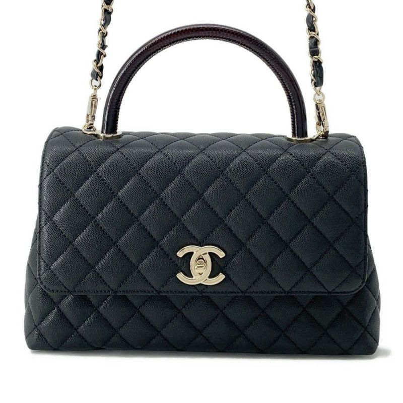 シャネル ハンドバッグ マトラッセ ココマーク ハンドル フラップ キャビアスキン リザード A92991 2way 黒
