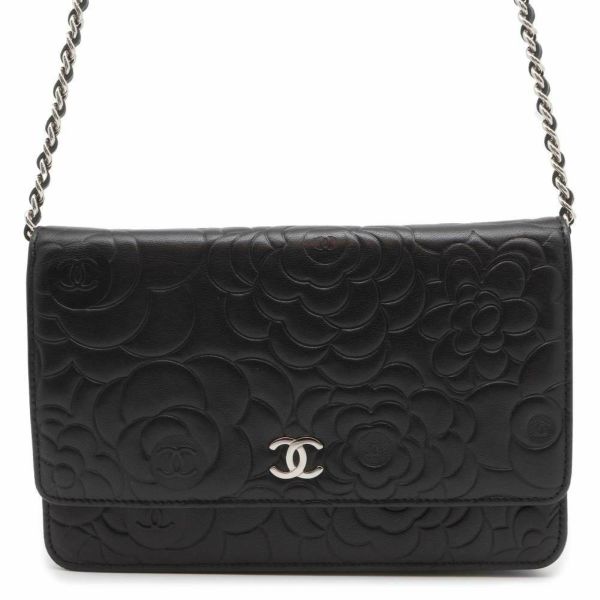 シャネル チェーンウォレット ココマーク カメリア ラムスキン A47421 CHANEL 財布 チェーンバッグ 黒