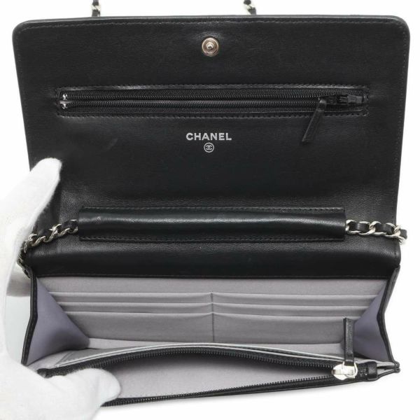 シャネル チェーンウォレット ココマーク カメリア ラムスキン A47421 CHANEL 財布 チェーンバッグ 黒