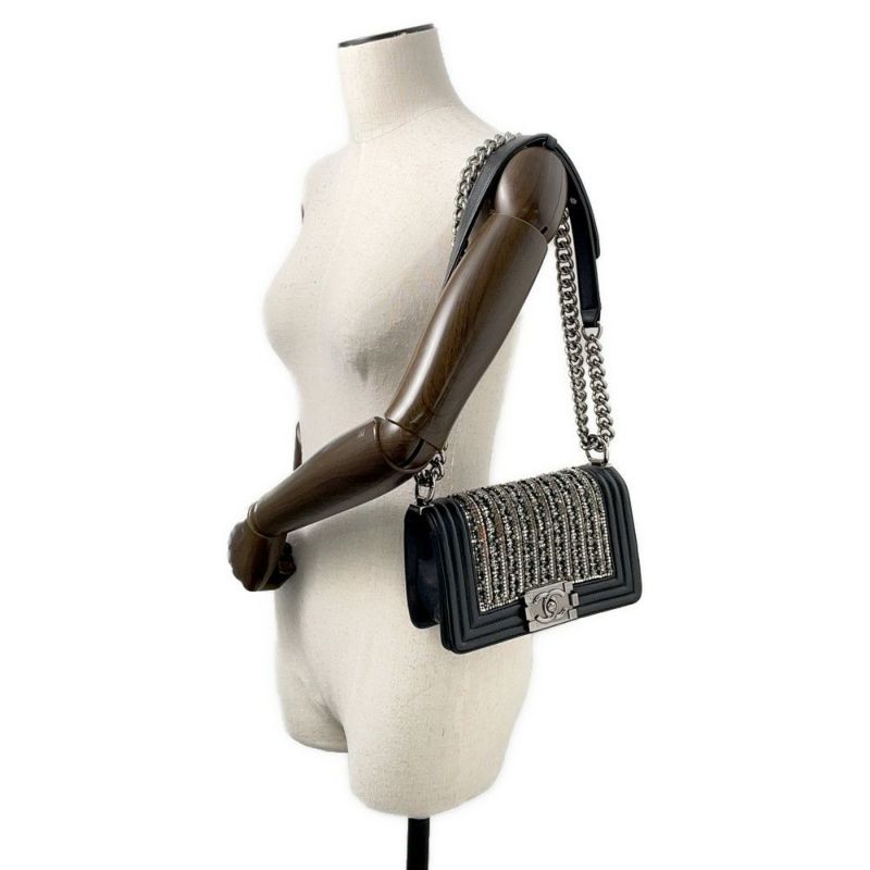 シャネル チェーンショルダーバッグ ボーイシャネル スモール ココマーク ビジュー ラムスキン A67085 CHANEL 黒